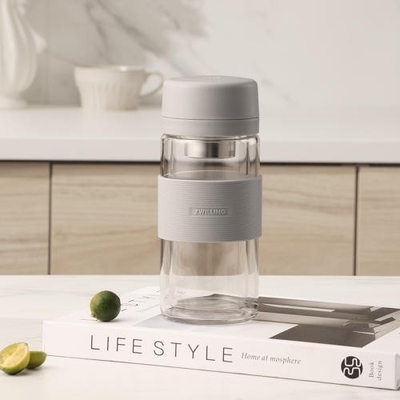 Coupe à filtre à thé double verre gris Produit de bureau professionnel avec sérigraphie