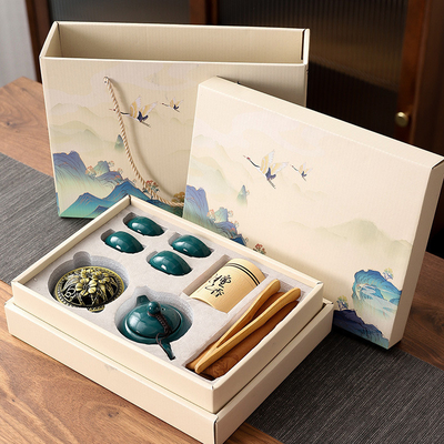 Élégante boîte de thé chinoise Celadon Shih Tzu Pot avec 4 tasses et brûleur d'encens en bois de santal