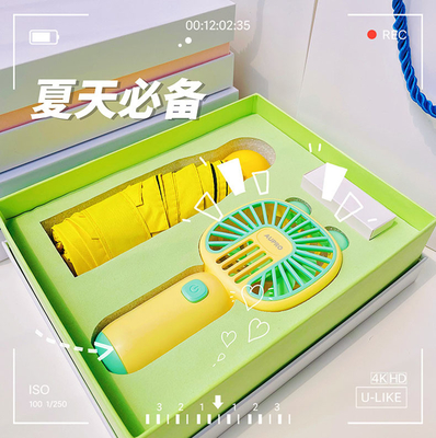 Nouveauté Cadeaux Cool Caisse de cadeaux d'affaires d'été Set de bande dessinée Parapluie de ventilateur portable