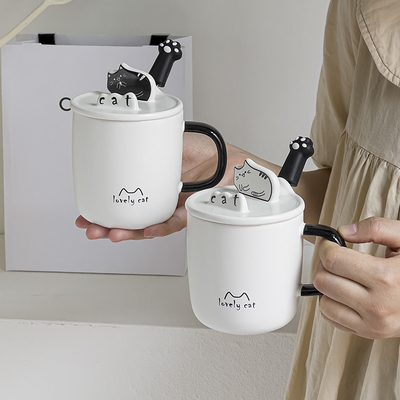 Idée cadeau d'employé Cartoon Coupe à eau pour chat avec couvercle de cuillère en céramique et porte-téléphone
