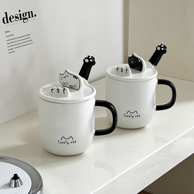 Idée cadeau d'employé Cartoon Coupe à eau pour chat avec couvercle de cuillère en céramique et porte-téléphone