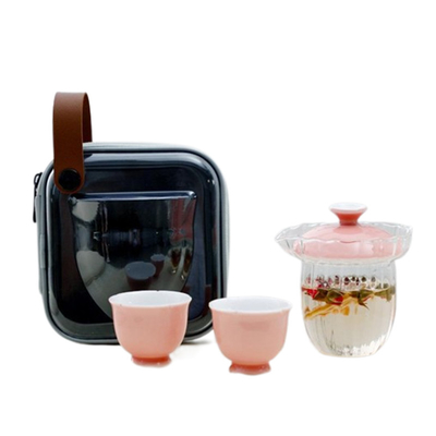 Hôtel et Resort Sakura Set de thé de verre rose pour voyager Sac de thé portable Un pot Deux tasses Cadeaux de souvenir du jour de la déesse