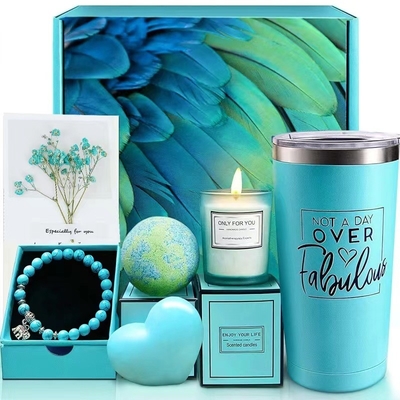 Set cadeau bleu imprimé en 2 couleurs bougie aromathérapie boule de bain pour la fête des mères