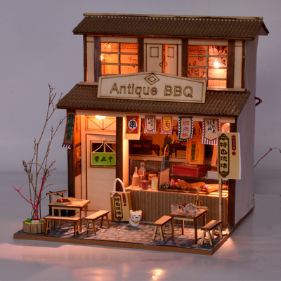 Hôtel et resort style chinois rétro bricolage maison barbecue magasin grenier modèle d'assemblage cadeaux créatifs faits à la main