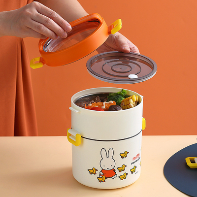 Boîte à déjeuner portable à double couche à motif dessin animé Boîte à bento ronde avec un design mignon