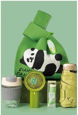 Ensemble de sac tricoté Panda coloré Petit ventilateur à main Crème à main Set cadeau parapluie en verre