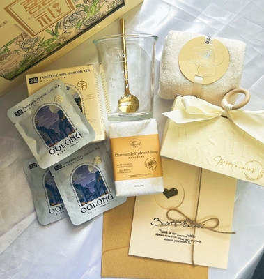 Ensemble de cadeaux de mariage personnalisé, serviette, savon, tasse d'eau, thé oolong et boîte à bonbons créative.