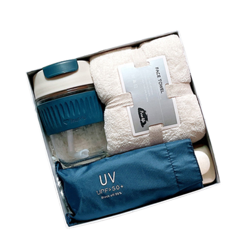 Ensemble de cadeaux imprimé sur écran de soie, tasse à eau en verre, parapluie en caoutchouc noir, serviette en peluche en corail