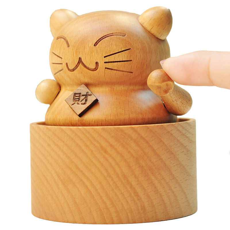 Année Mini carrousel Lucky Cat Boîte à musique en bois massif boîte à musique gâteau décoration cadeau d'anniversaire