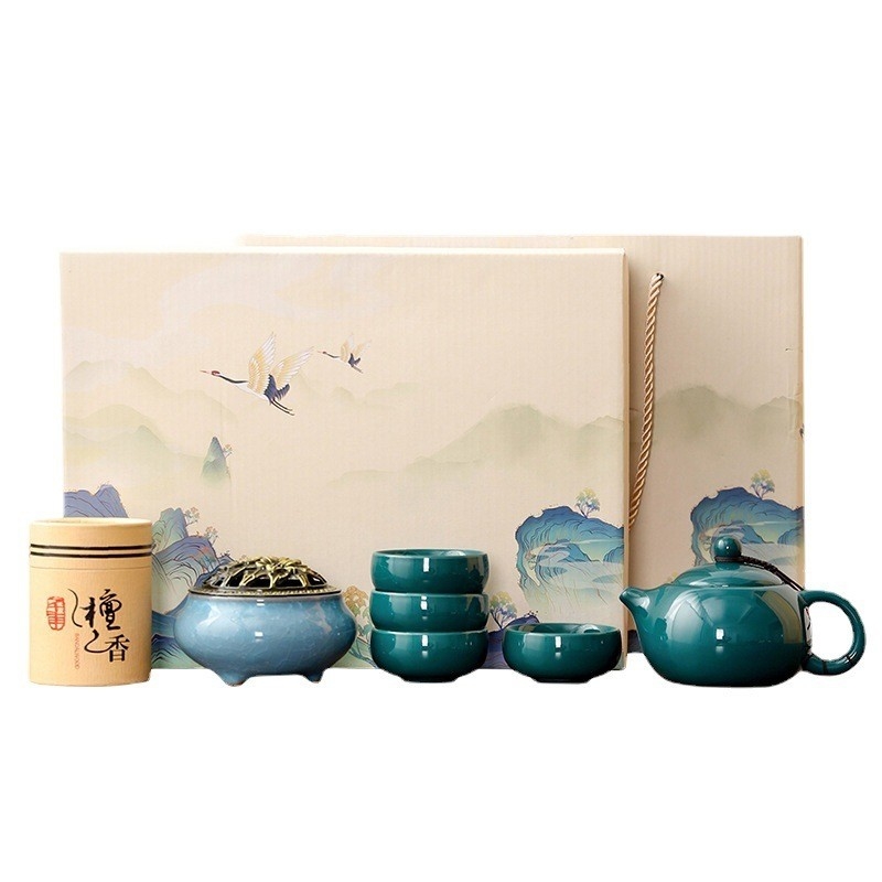 Élégante boîte de thé chinoise Celadon Shih Tzu Pot avec 4 tasses et brûleur d'encens en bois de santal