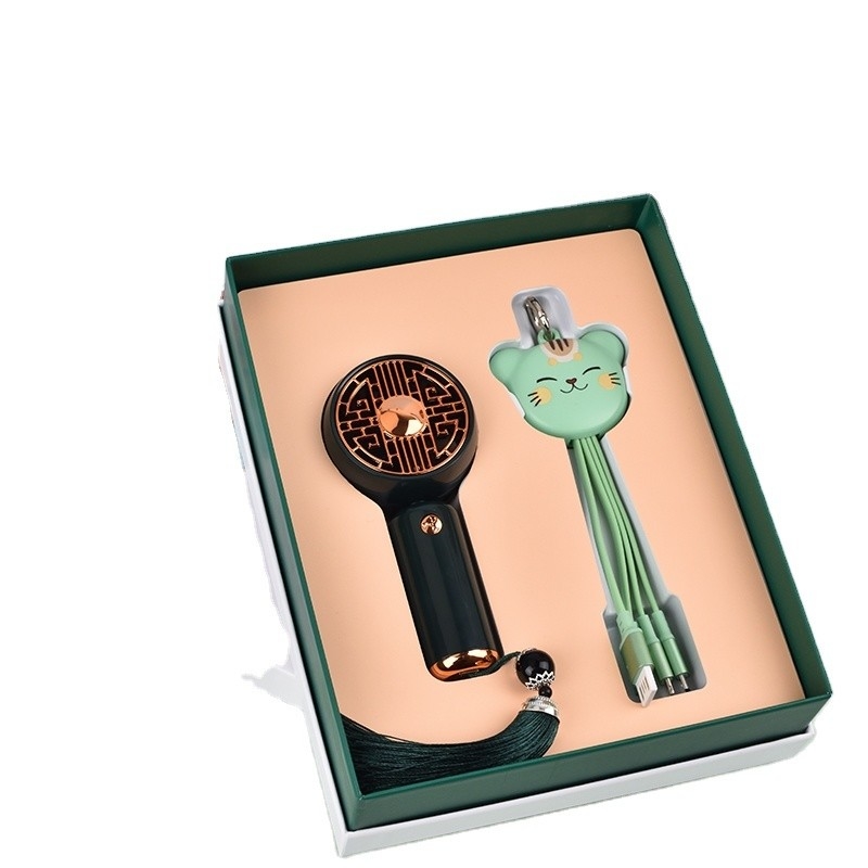 Impression à écran de soie - boîte cadeau chic pour affaires avec petit ventilateur et ligne de données de chat Zhaocai