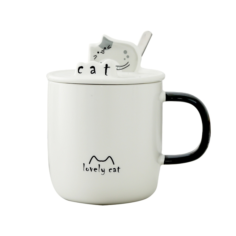 Idée cadeau d'employé Cartoon Coupe à eau pour chat avec couvercle de cuillère en céramique et porte-téléphone