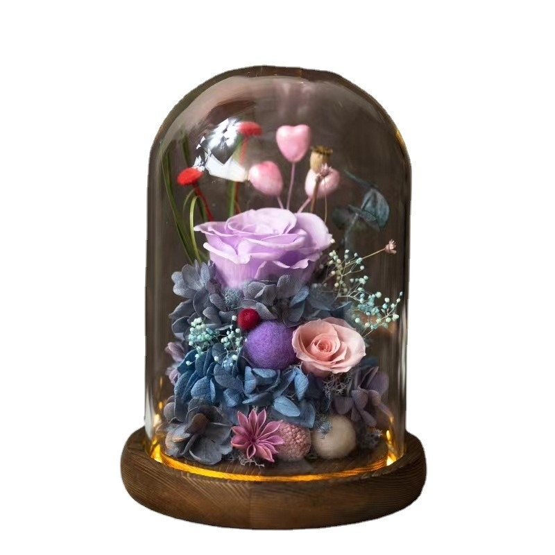 Élégante fleur éternelle finition Rose boîte à cadeaux de verre couverture pour cadeau d'anniversaire pratique