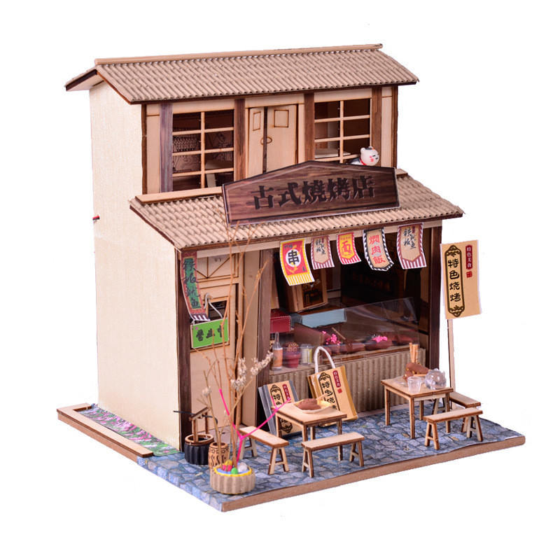 Hôtel et resort style chinois rétro bricolage maison barbecue magasin grenier modèle d'assemblage cadeaux créatifs faits à la main