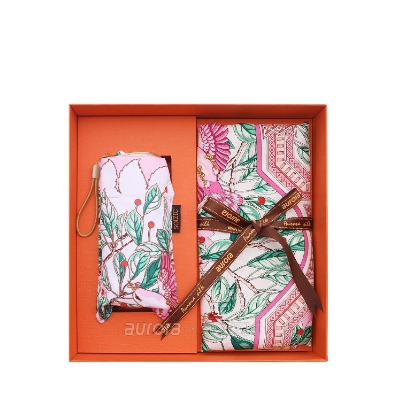 Écharpe carrée en soie de mûrier et ensemble de parapluies pliants pour les solutions de cadeaux d'entreprise