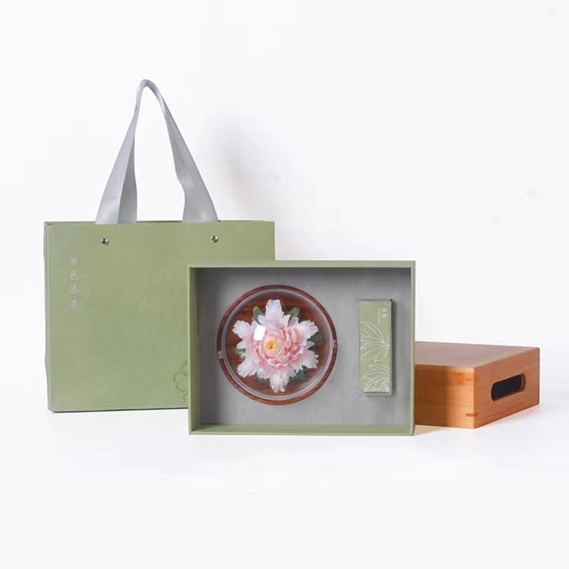1 Ensemble de broyage de fleurs en céramique à l'impression couleur avec plateau en bambou et boîte cadeau à main
